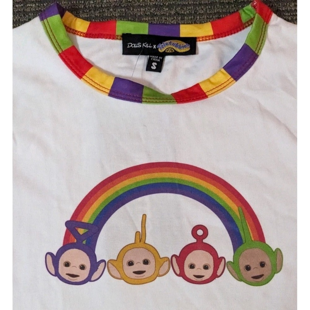 Dolls Kill X Teletubbies Rainbow Print Baby Tee Shirt Cropped Size S NWT